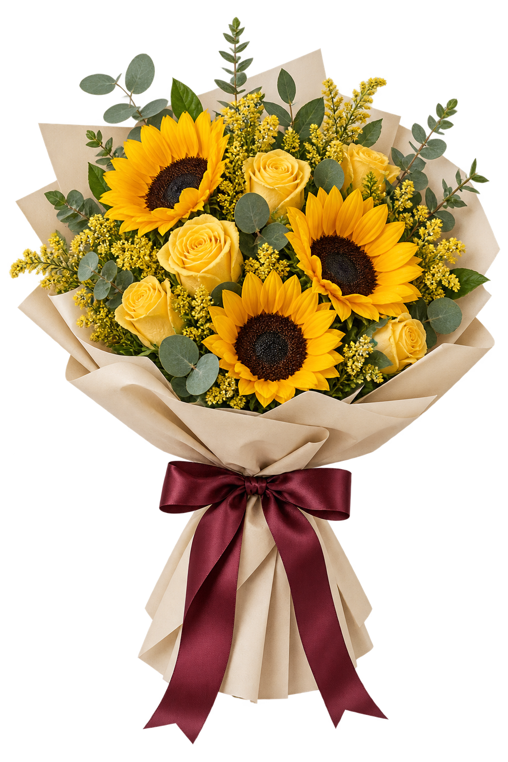 Ramo de girasoles y rosas amarillas con envoltura crema y lazo